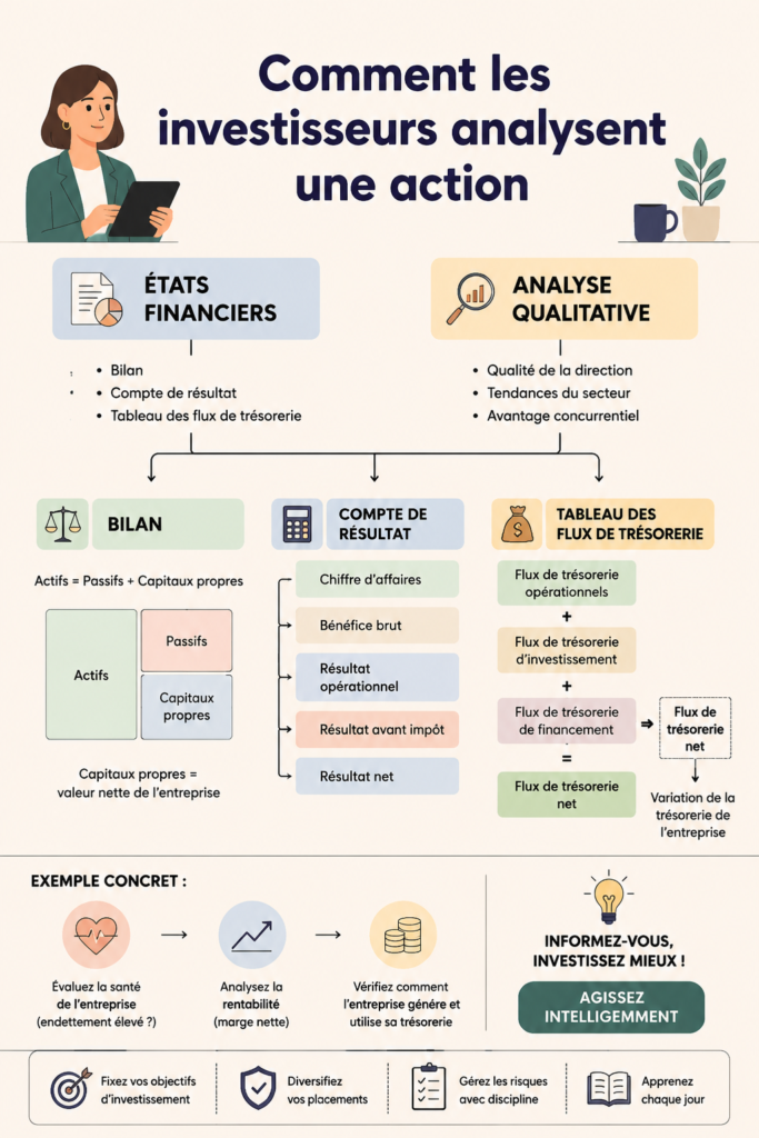 Femme analysant des actions sur un ordinateur, étudiant les indicateurs de performance financière.