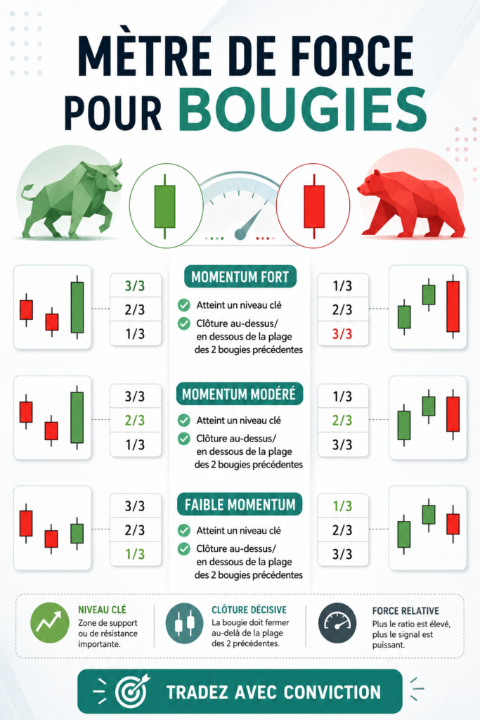 Exemple d'analyse de force des chandeliers sur un graphique de trading