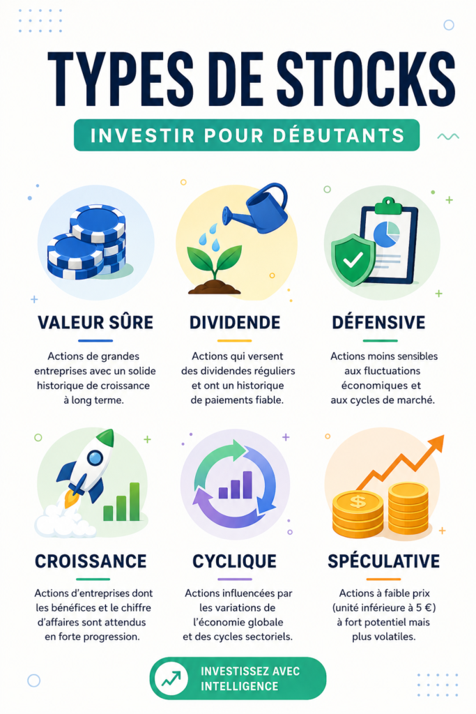 Illustration de différents types d'actions boursières pour les investisseurs débutants