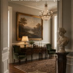 Un couloir élégant avec des touches de décoration classique, créant une ambiance chaleureuse.