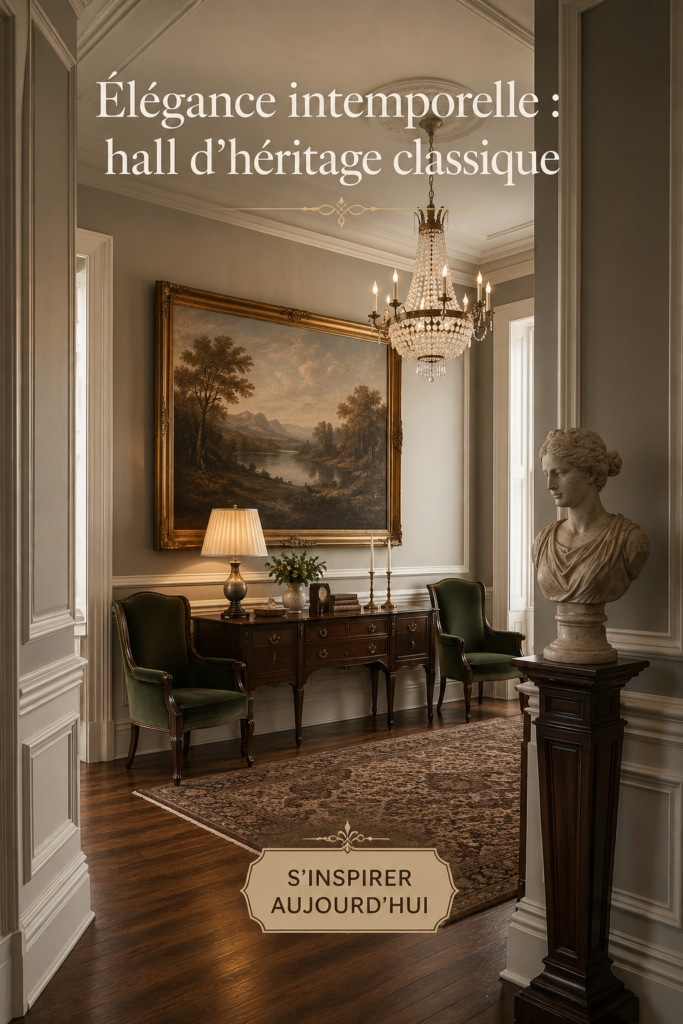 Un couloir élégant avec des touches de décoration classique, créant une ambiance chaleureuse.