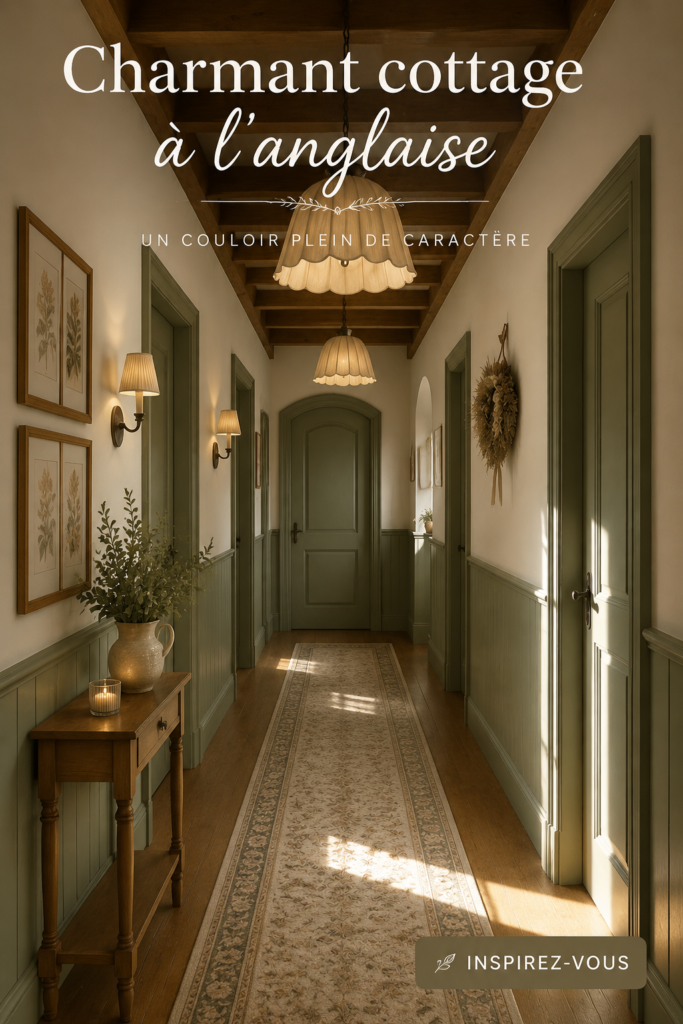 Un couloir de cottage anglais chaleureusement décoré avec des plantes et des meubles en bois.