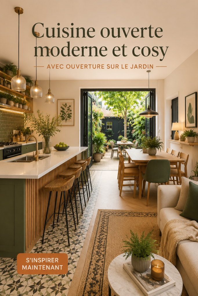 Cuisine ouverte moderne avec des portes jardin et un espace cosy