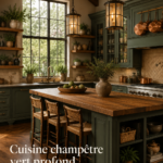 Cuisine rustique moderne avec des meubles verts et des étagères en verre.