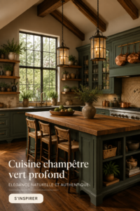 Cuisine rustique moderne avec des meubles verts et des étagères en verre.