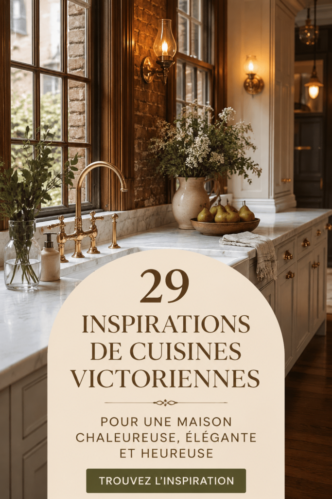 Cuisine victorienne chaleureuse avec des éléments élégants et accueillants.