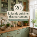 Cuisine d'appartement moderne et chaleureuse avec des couleurs douces