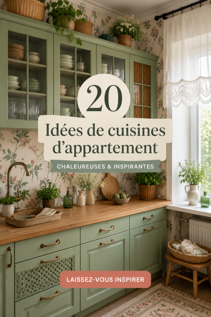 Cuisine d'appartement moderne et chaleureuse avec des couleurs douces