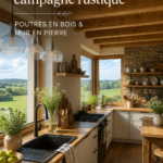 Cuisine rustique avec beams en bois et murs en pierre, créant une ambiance chaleureuse.