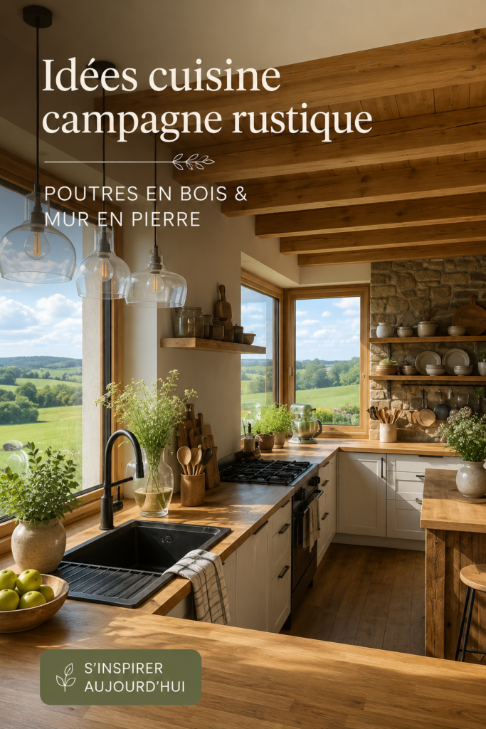 Cuisine rustique avec beams en bois et murs en pierre, créant une ambiance chaleureuse.