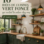 Cuisine moderne avec des armoires vert foncé et des accents en bois