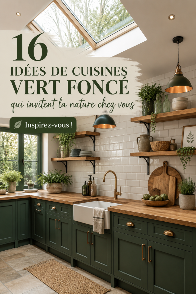 Cuisine moderne avec des armoires vert foncé et des accents en bois