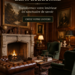 Intérieur décoré dans le style Dark Academia avec des livres, des bougies et du mobilier vintage