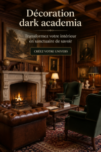 Intérieur décoré dans le style Dark Academia avec des livres, des bougies et du mobilier vintage