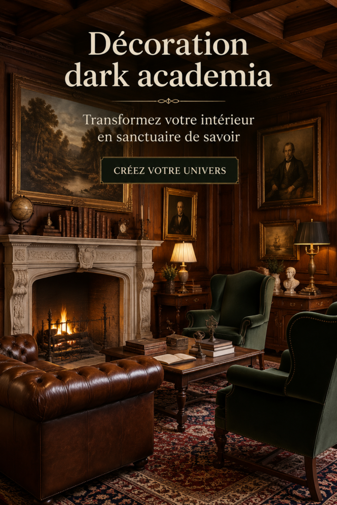 Intérieur décoré dans le style Dark Academia avec des livres, des bougies et du mobilier vintage