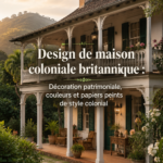 Intérieur décoré dans le style colonial britannique avec des couleurs chaleureuses et des meubles en bois.