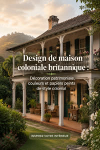Intérieur décoré dans le style colonial britannique avec des couleurs chaleureuses et des meubles en bois.