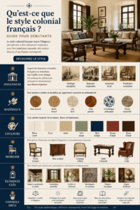 Design intérieur colonial français avec des meubles en bois et des motifs floraux