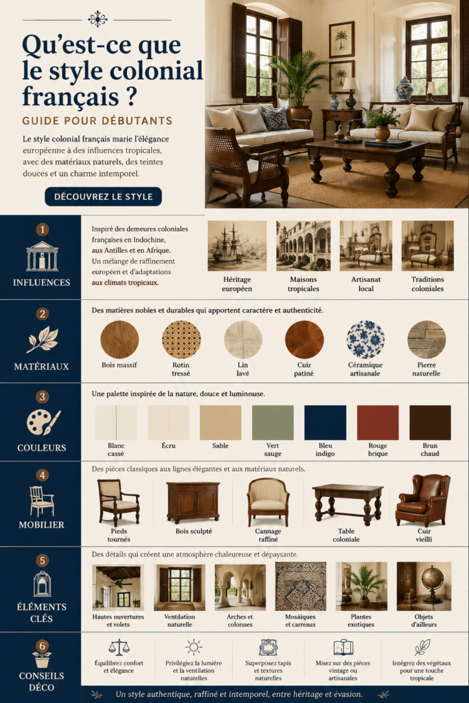 Design intérieur colonial français avec des meubles en bois et des motifs floraux