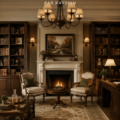 Un salon décoré dans un style traditionnel européen avec des meubles en bois et des textiles chaleureux.