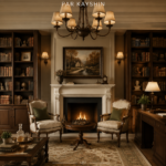 Un salon décoré dans un style traditionnel européen avec des meubles en bois et des textiles chaleureux.