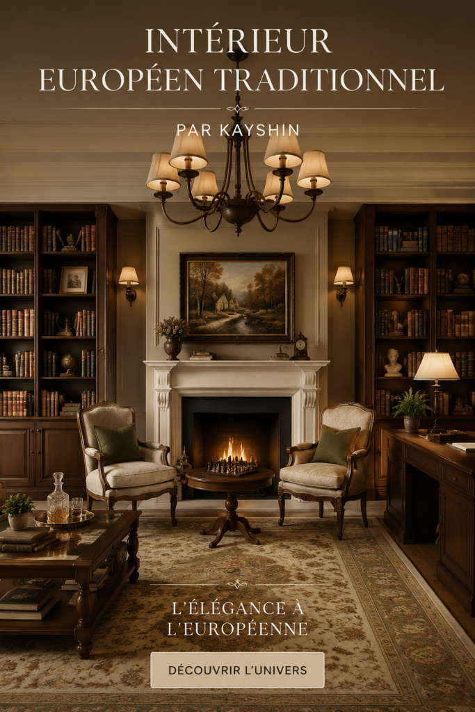 Un salon décoré dans un style traditionnel européen avec des meubles en bois et des textiles chaleureux.