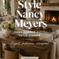 Un salon élégant et accueillant inspiré de l'esthétique Nancy Meyers avec des couleurs douces et des textures chaleureuses.