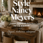 Un salon élégant et accueillant inspiré de l'esthétique Nancy Meyers avec des couleurs douces et des textures chaleureuses.