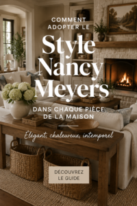Un salon élégant et accueillant inspiré de l'esthétique Nancy Meyers avec des couleurs douces et des textures chaleureuses.