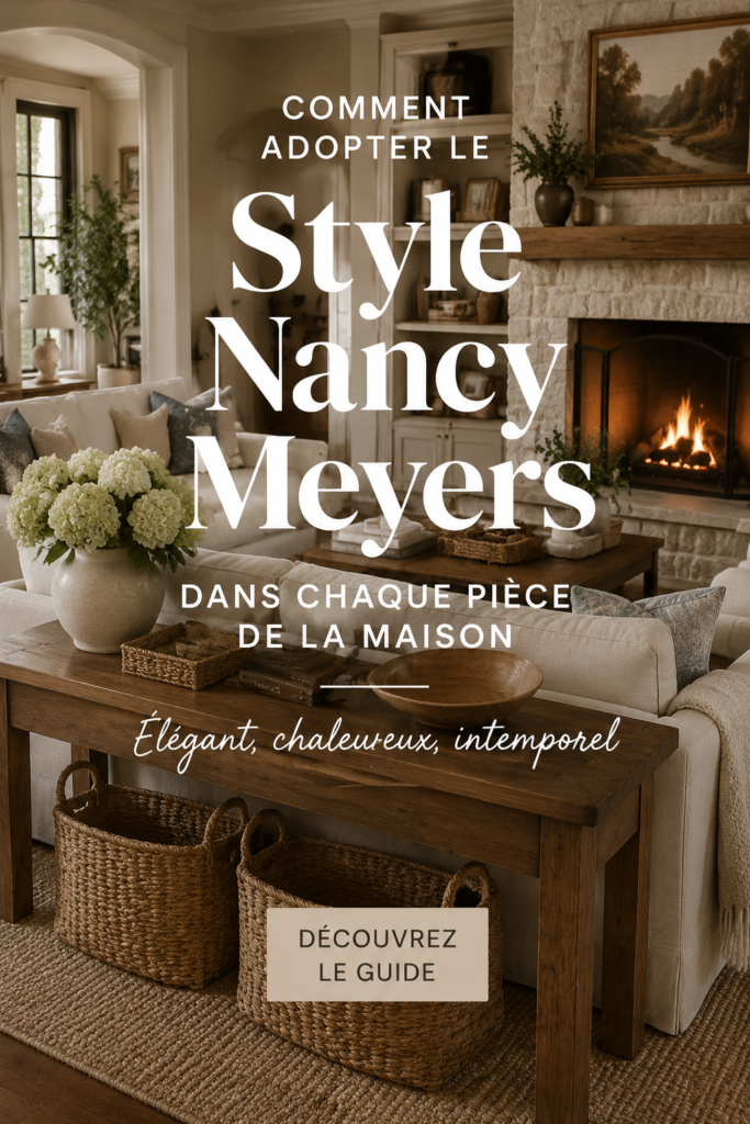Un salon élégant et accueillant inspiré de l'esthétique Nancy Meyers avec des couleurs douces et des textures chaleureuses.