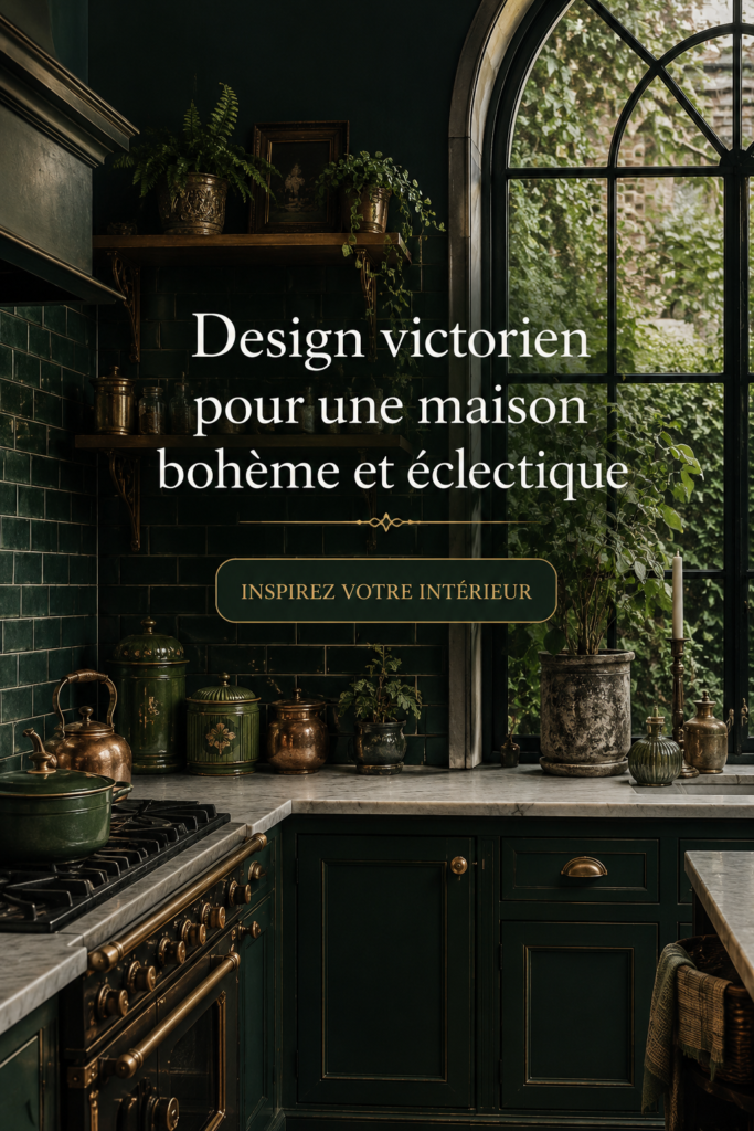 Intérieur mêlant style victorien et déco boho, avec des couleurs riches et des motifs floraux