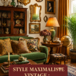 Salon décoré dans un style maximaliste vintage avec des motifs riches et des couleurs chaleureuses.