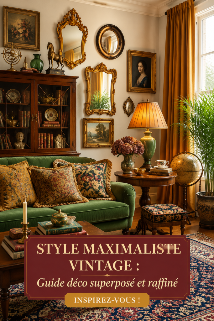 Salon décoré dans un style maximaliste vintage avec des motifs riches et des couleurs chaleureuses.