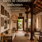Chambre décorée dans un style indien avec des couleurs vives et des tissus traditionnels.
