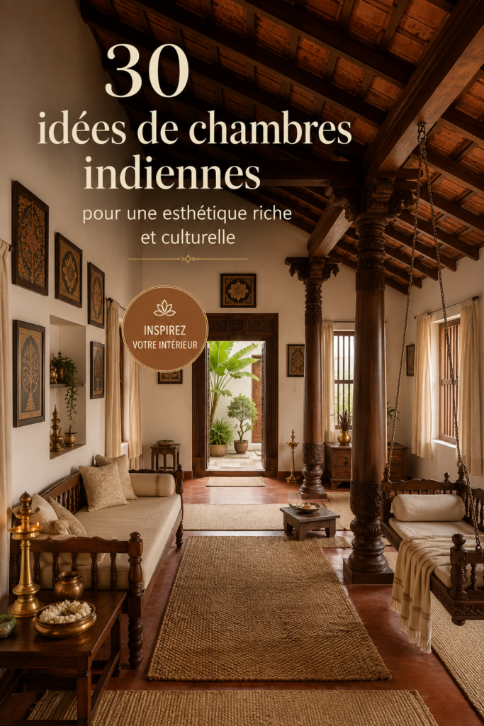 Chambre décorée dans un style indien avec des couleurs vives et des tissus traditionnels.