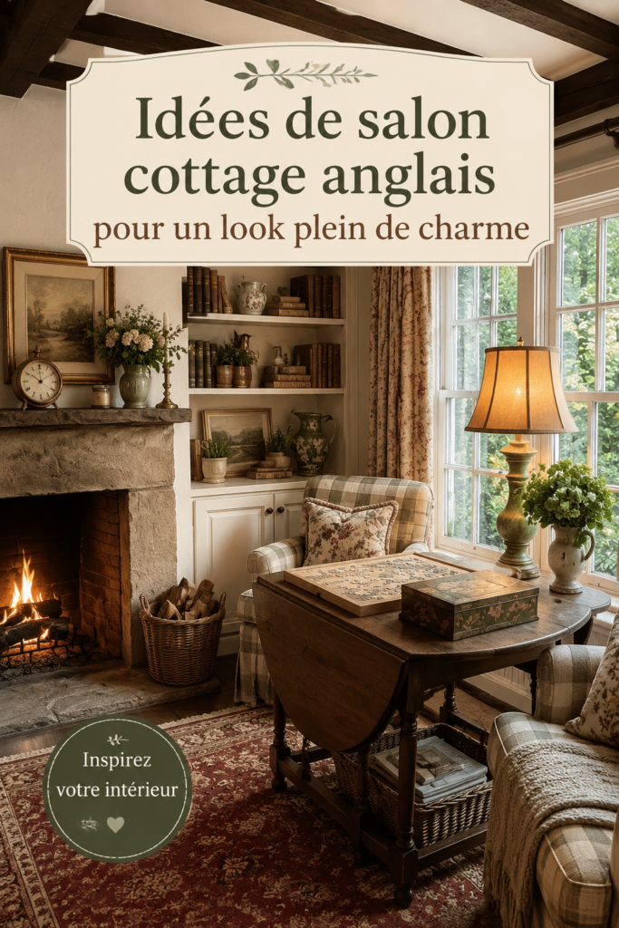 Salon cosy inspiré par le style cottage anglais avec des couleurs chaudes et des meubles accueillants.