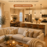 Un salon ouvert chaleureux avec des canapés confortables et une décoration accueillante.