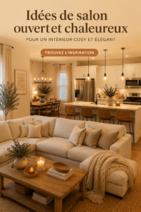 Un salon ouvert chaleureux avec des canapés confortables et une décoration accueillante.
