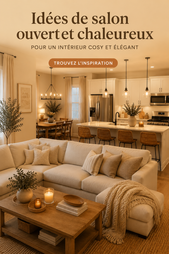 Un salon ouvert chaleureux avec des canapés confortables et une décoration accueillante.