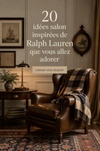 Un salon élégant inspiré du style Ralph Lauren avec des matériaux riches et des couleurs neutres.