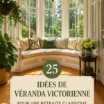 Véranda victorienne lumineuse avec des fenêtres à guillotine et des plantes intérieures.