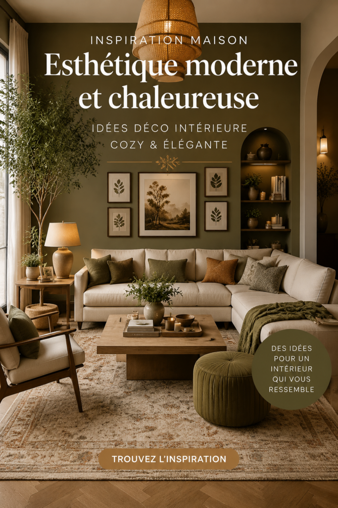 Intérieur moderne avec des touches chaleureuses et élégantes, décoré de plantes vertes et de textiles doux.