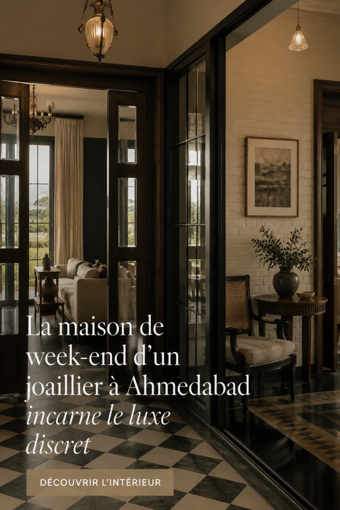 Vue extérieure d'une maison de bijoutier à Ahmedabad, mêlant luxe et tranquillité.