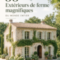 Un extérieur de maison de campagne rustique avec un jardin fleuri et des boiseries élégantes.