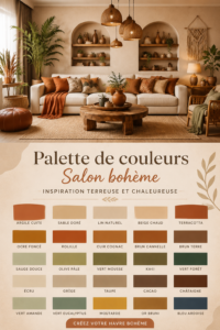 Un salon bohème avec une palette de couleurs chaudes et accueillantes
