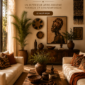 Un salon boho contemporain avec des éléments africains, couleurs terre et textures naturelles.