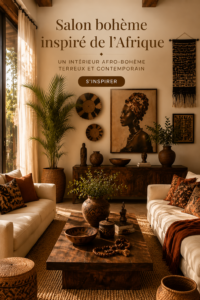 Un salon boho contemporain avec des éléments africains, couleurs terre et textures naturelles.