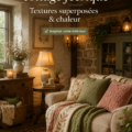 Salon de cottage féerique avec des textures chaleureuses et une ambiance accueillante.