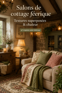 Salon de cottage féerique avec des textures chaleureuses et une ambiance accueillante.