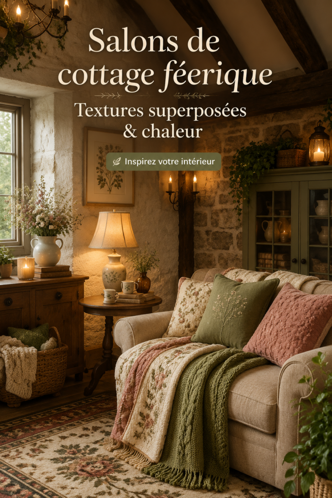 Salon de cottage féerique avec des textures chaleureuses et une ambiance accueillante.